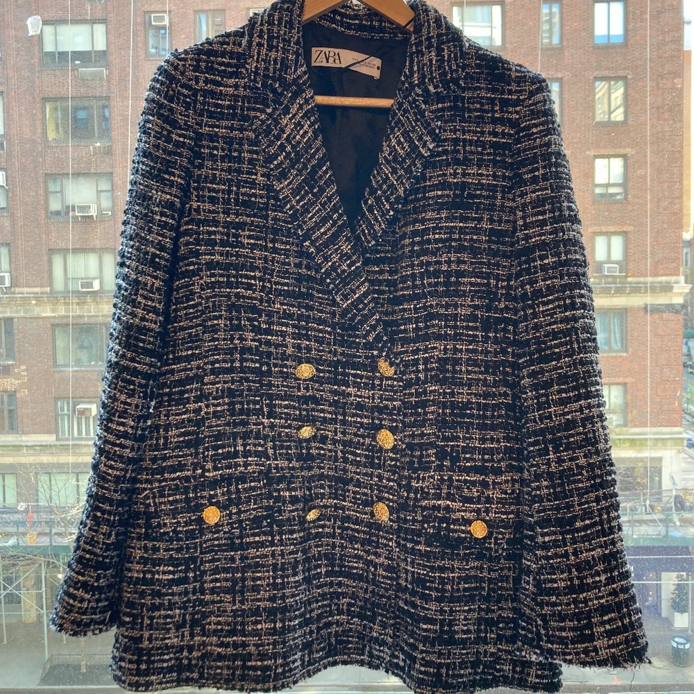 Oversized, Black and White Boucle double-breasted Zara blazer, Size S